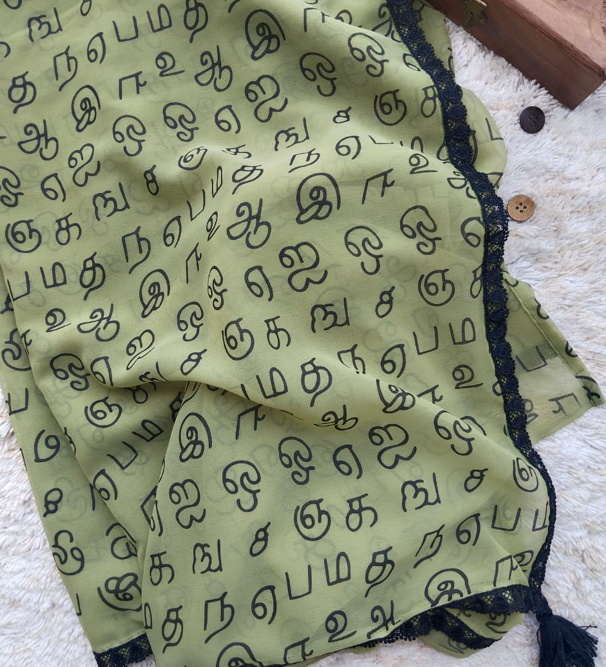Georgette Saree with tamil print - Green
